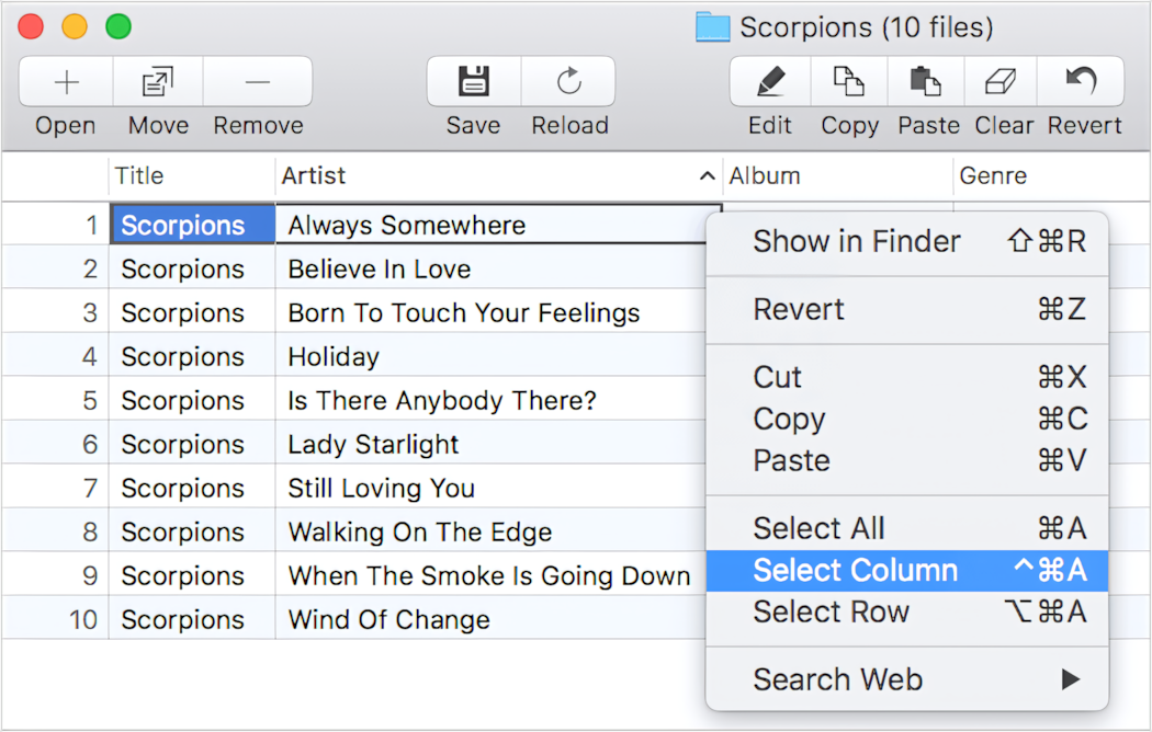 How to select few columns in Amvidia Tag Editor for Mac