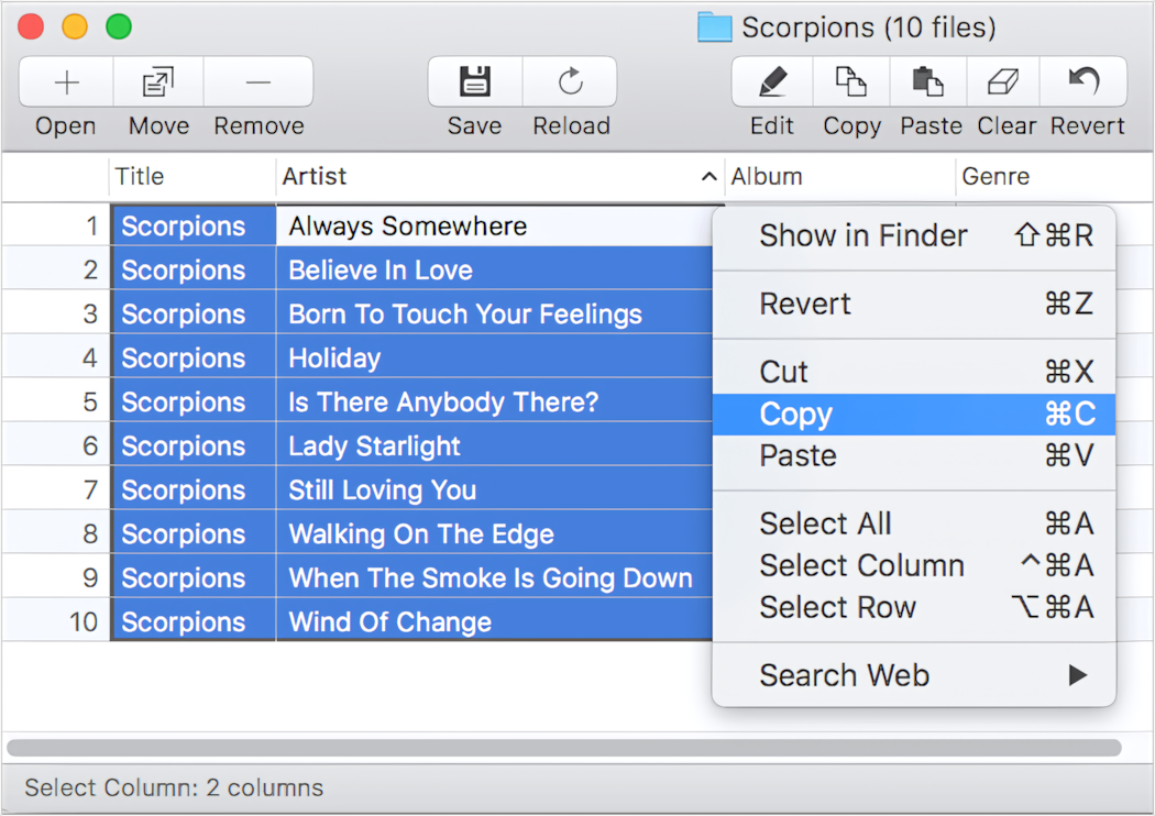 How to select few columns in Amvidia Tag Editor for Mac