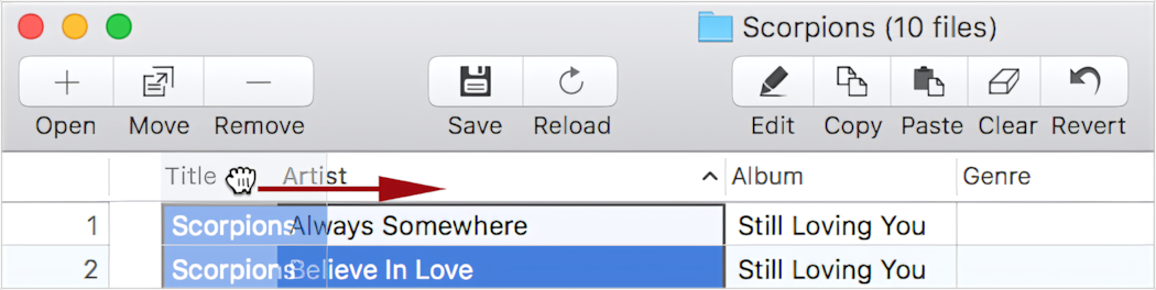 How to change columns' order in Amvidia Tag Editor for Mac