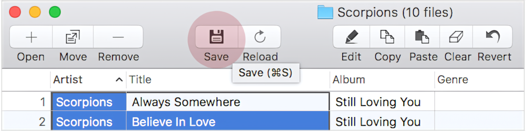Save to embed changed id3 tags into files with Tag Editor for Mac