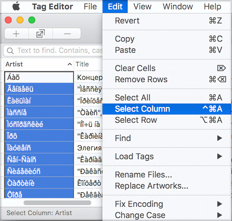 Select column to fix encoding with Amvidia Tag Editor for Mac