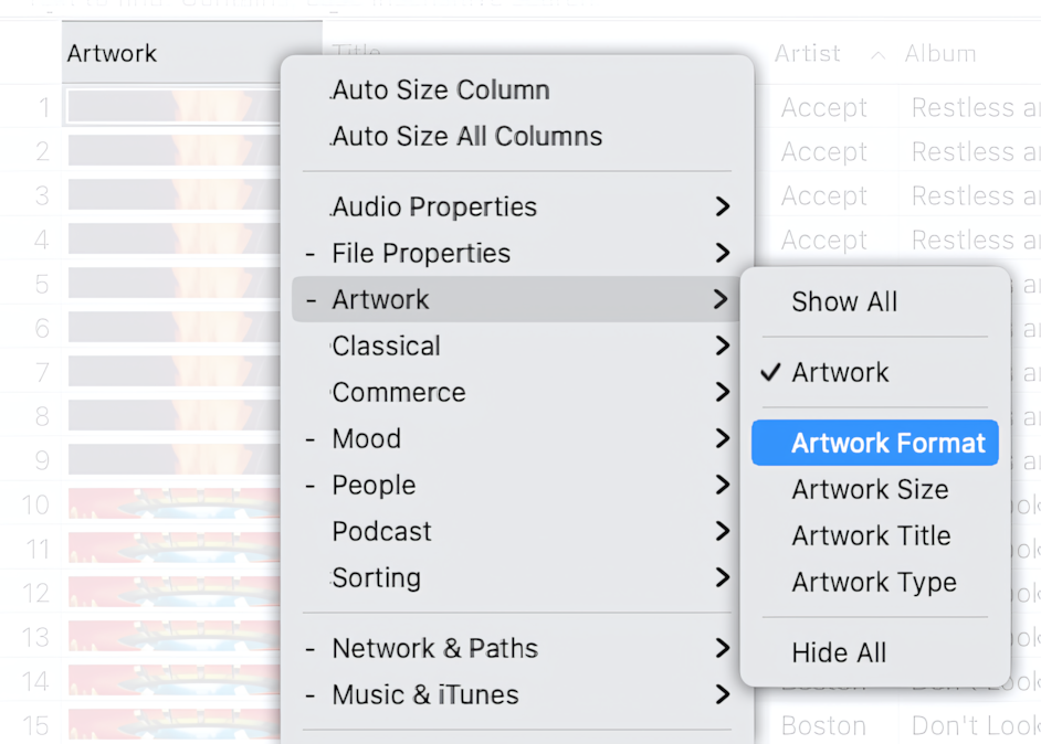 How to show the Artwork Format column in Tag Editor for Mac