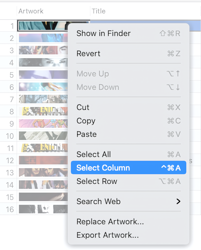 Selection of rows or cells via context menu.