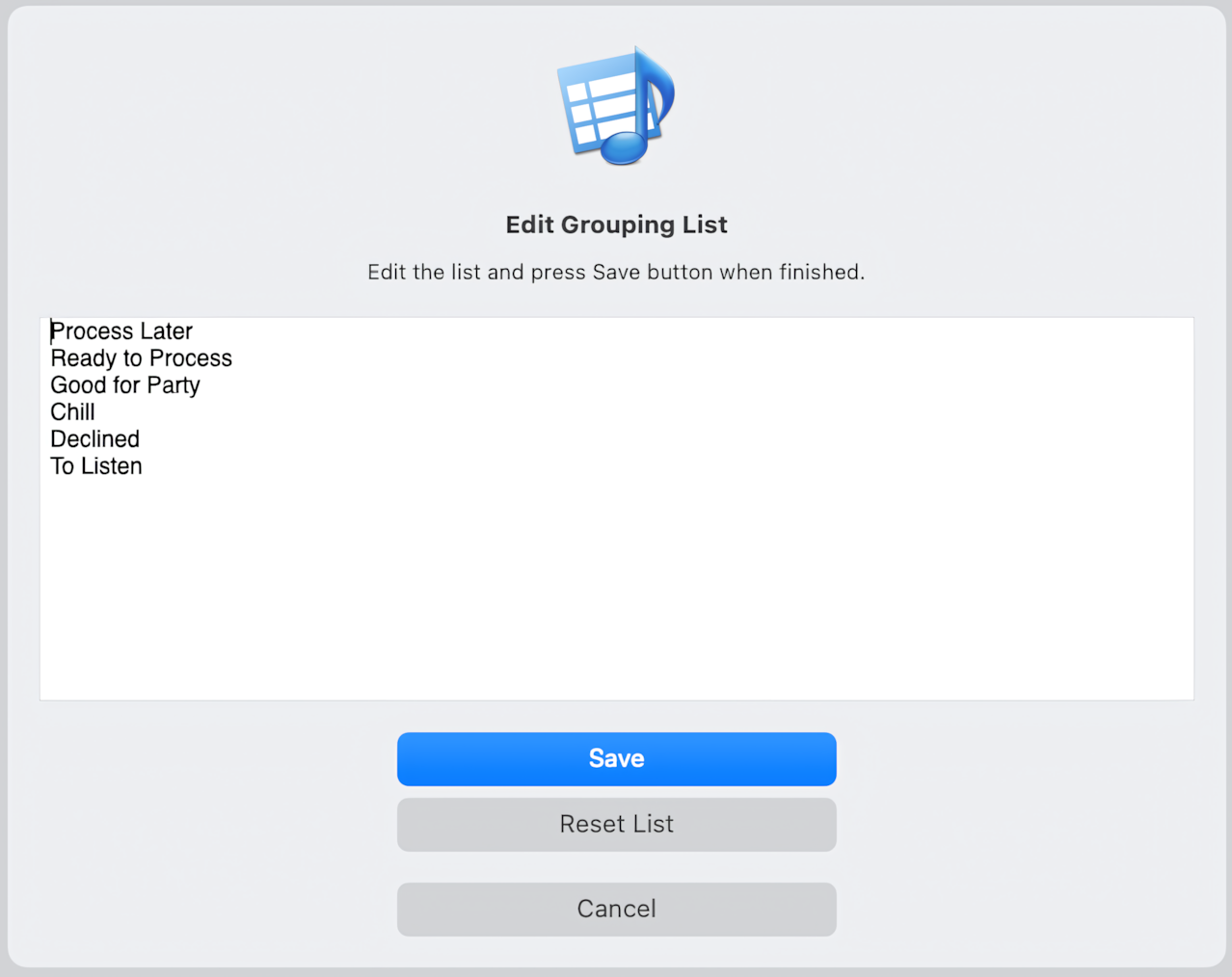 How to edit Grouping List in Tag Editor for Mac