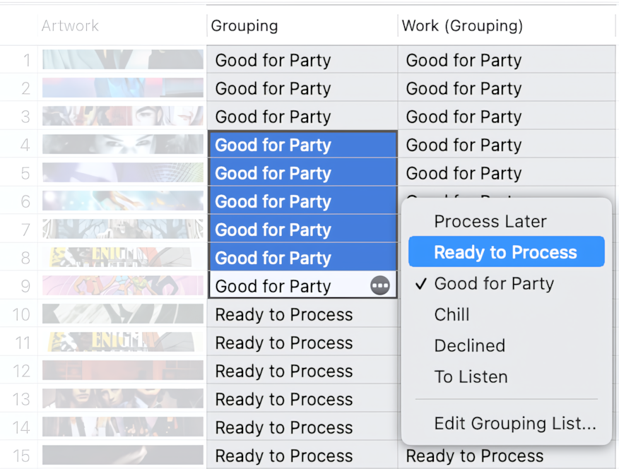 How to edit the Grouping and Work (Grouping) columns in Tag Editor for Mac
