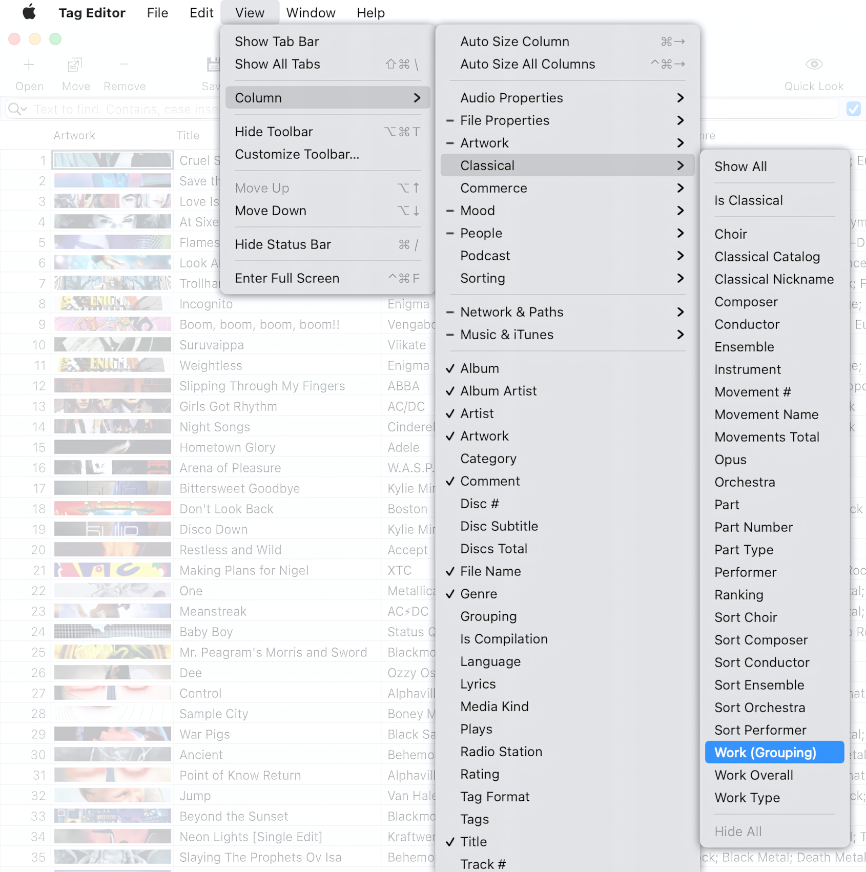 How to show the Work (Grouping) column in Tag Editor for Mac