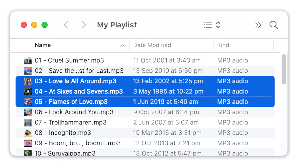 MP3 files selected in Finder