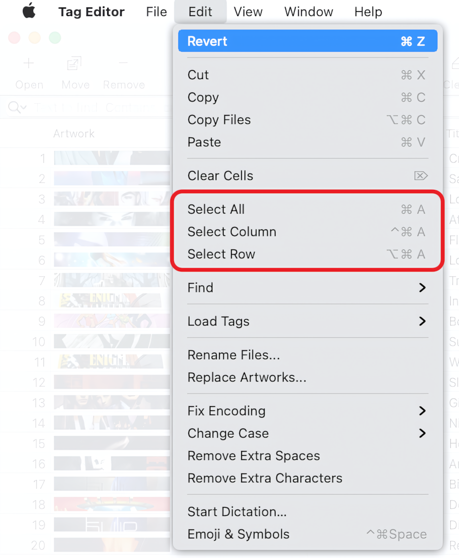 Edit / Revert menu command in the Tag Editor for Mac