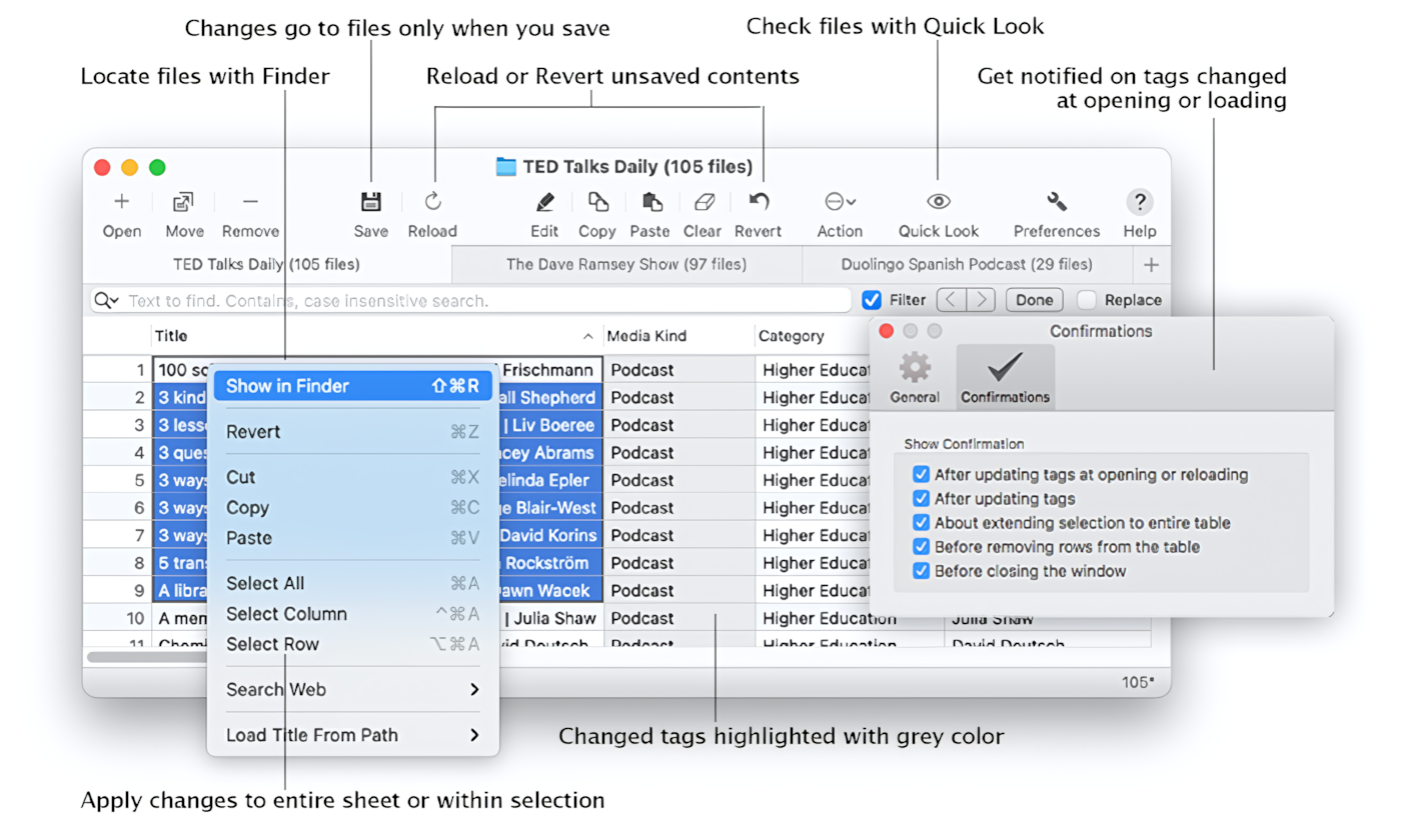 Save, revert changes or reload files in the Tag Editor for Mac