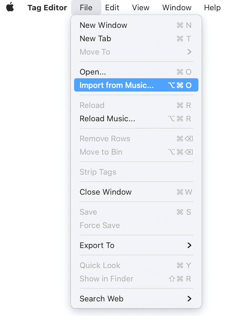 Import from Music/iTunes menu in the Tag Editor for Mac