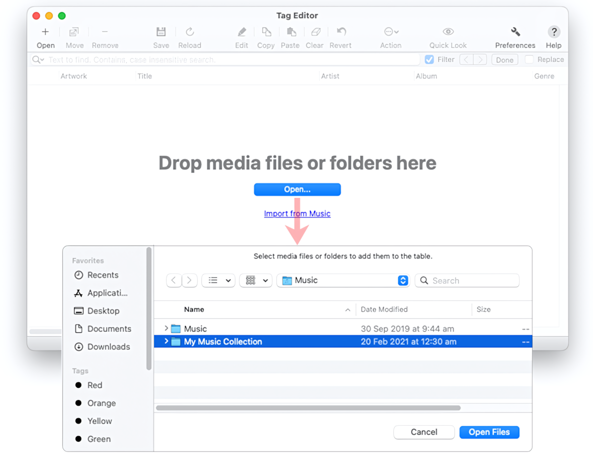 Tag Editor for Mac - Opening Audio and Video files via Open Files dialog