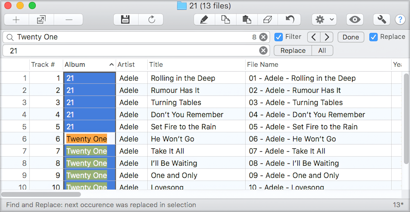 Replace function in Tag Editor for Mac