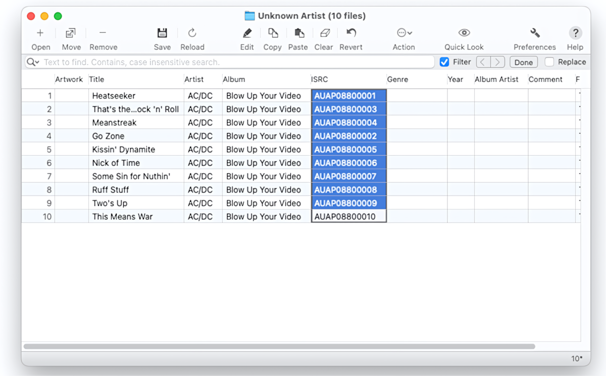 Tag Editor for Mac - ISRC imported from online databases