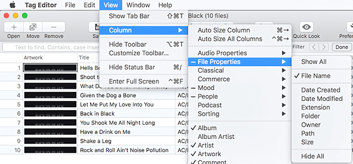Hide or Show column set in Tag Editor for Mac