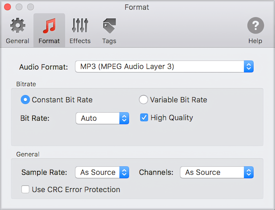 Default MP3 format settings in To Audio Converter for Mac