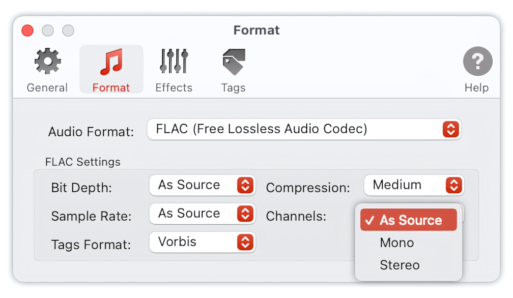 FLAC Format Preferences - List of Channels