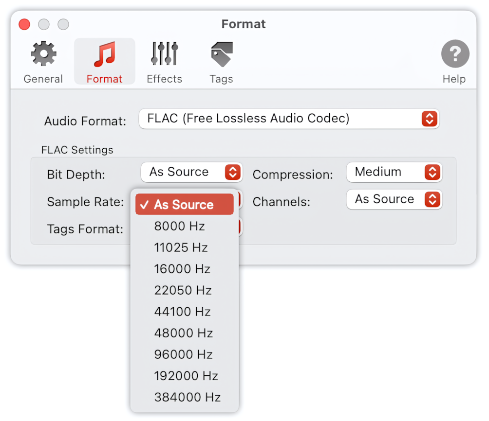 To Audio Converter - FLAC Format Preferences - List of Sample Rates