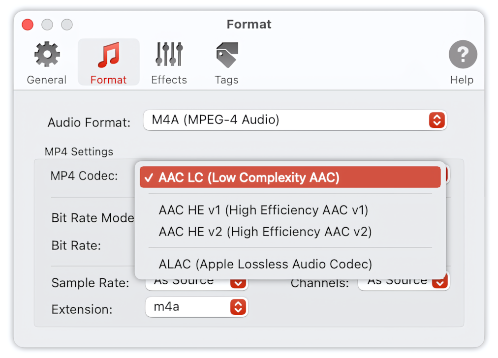 To Audio Converter - MP4/M4A Preferences - List of Supported Audio Codecs