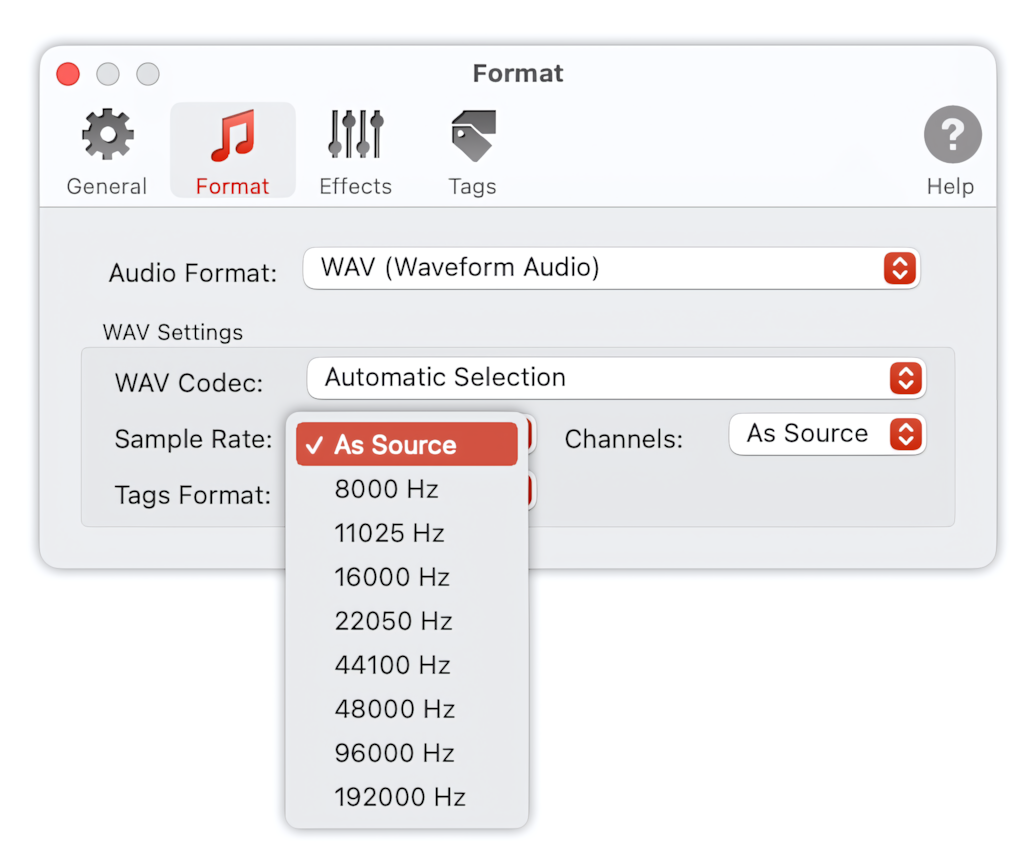 To Audio Converter - WAV Format Preferences - List of Sample Rates