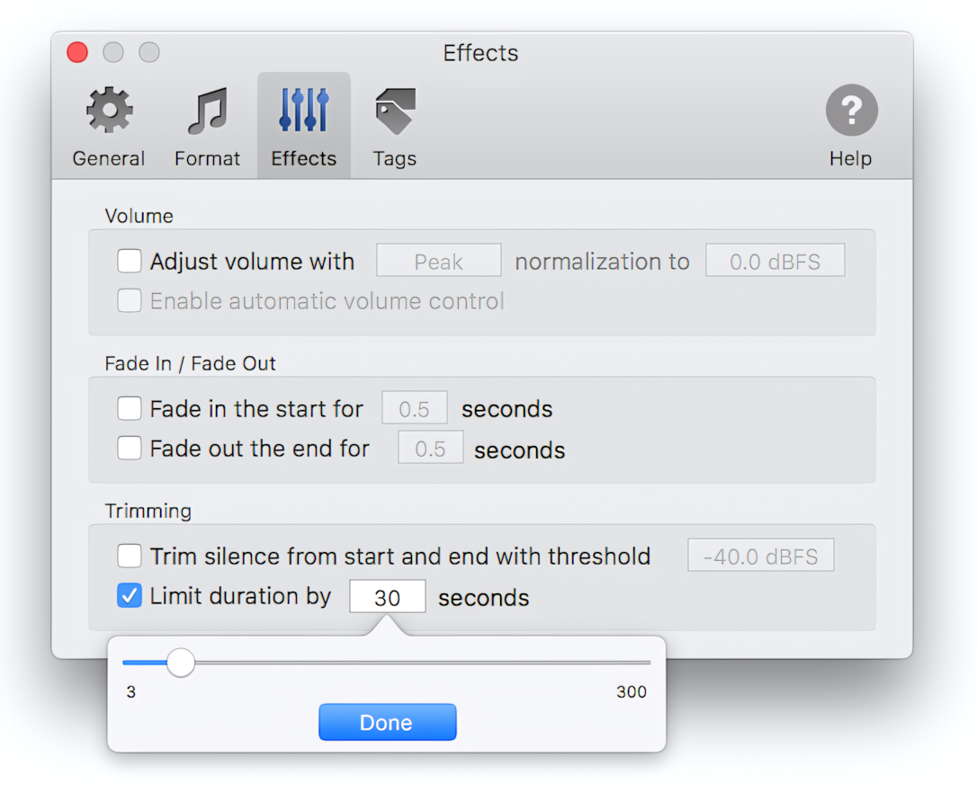 Limit duration of audio files in To MP3 Converter for Mac OS X