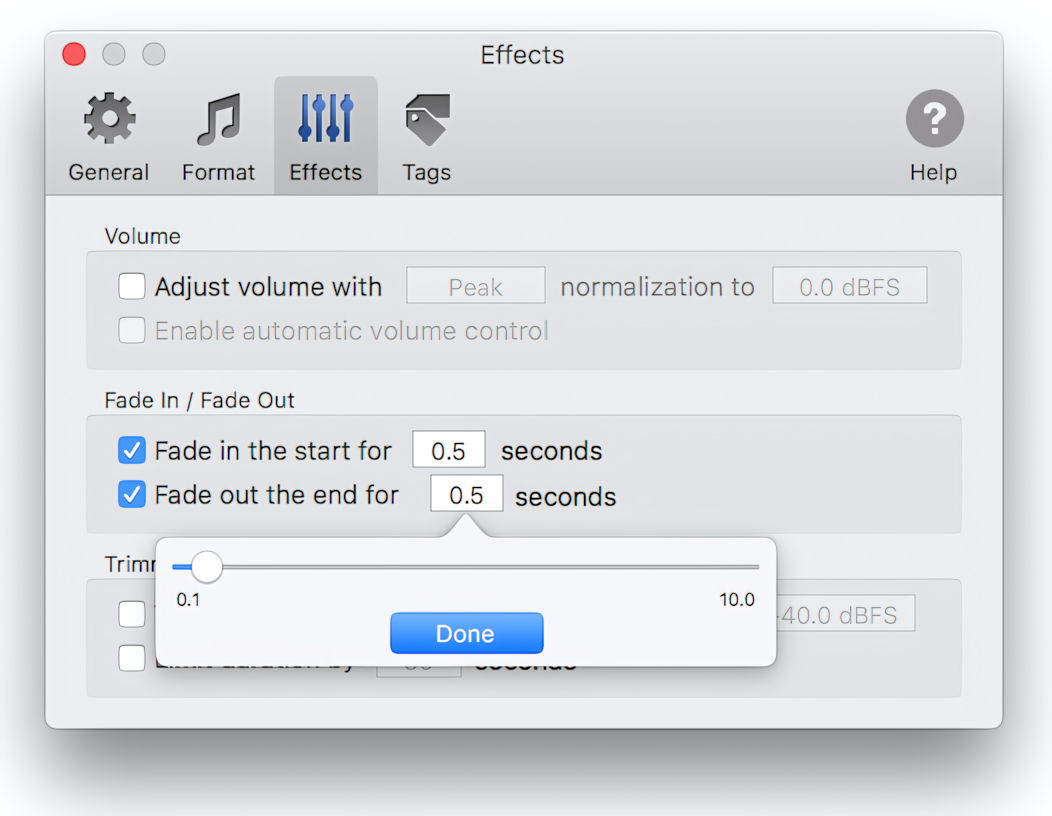 Fade-in and Fade-out effects in To MP3 Converter for Mac