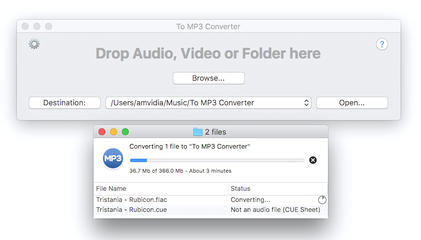 The Main Window and Progress windows. Process of conversion and splitting of FLAC file.