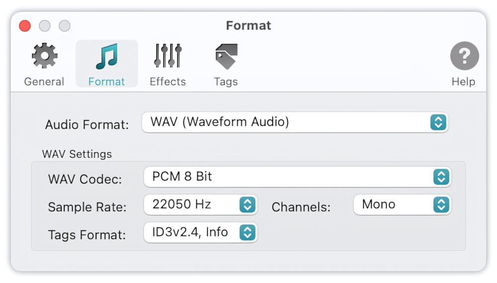 To WAV Converter for Mac OS - Sample Rate, Channels and Audio Codec selected for processing voice audio